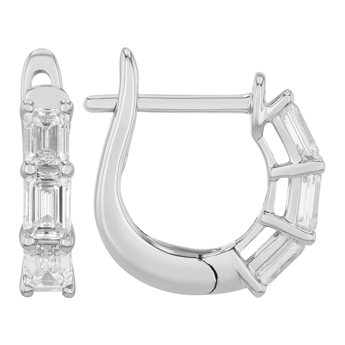 Emerald Cut Diamond Trio Huggie Hoop Earrings in White Gold