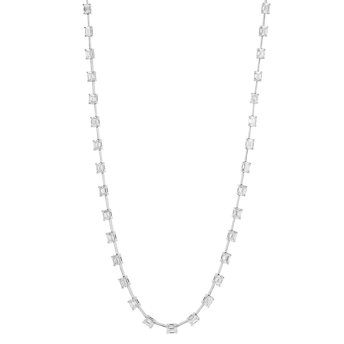 Emerald Cut Diamond Station Wire Necklace in White Gold, 16.25