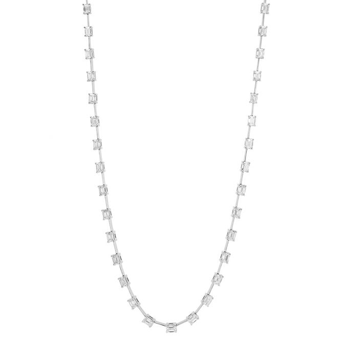 Emerald Cut Diamond Station Wire Necklace in White Gold, 16.25", 10.00 cttw