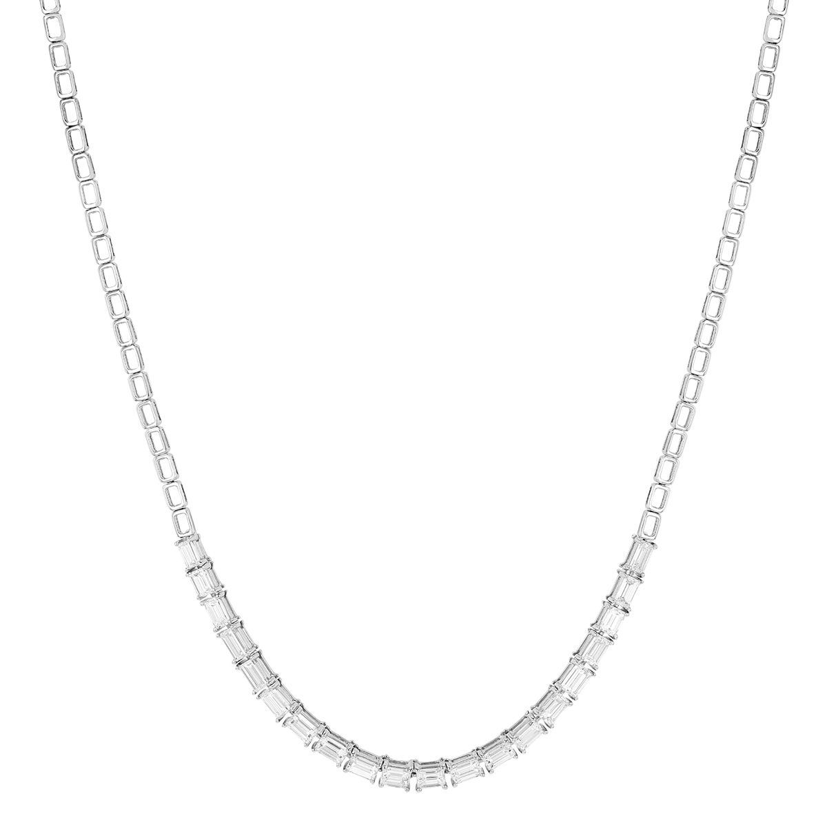 Emerald Cut Diamond & Square Chain Necklace in White Gold, 16