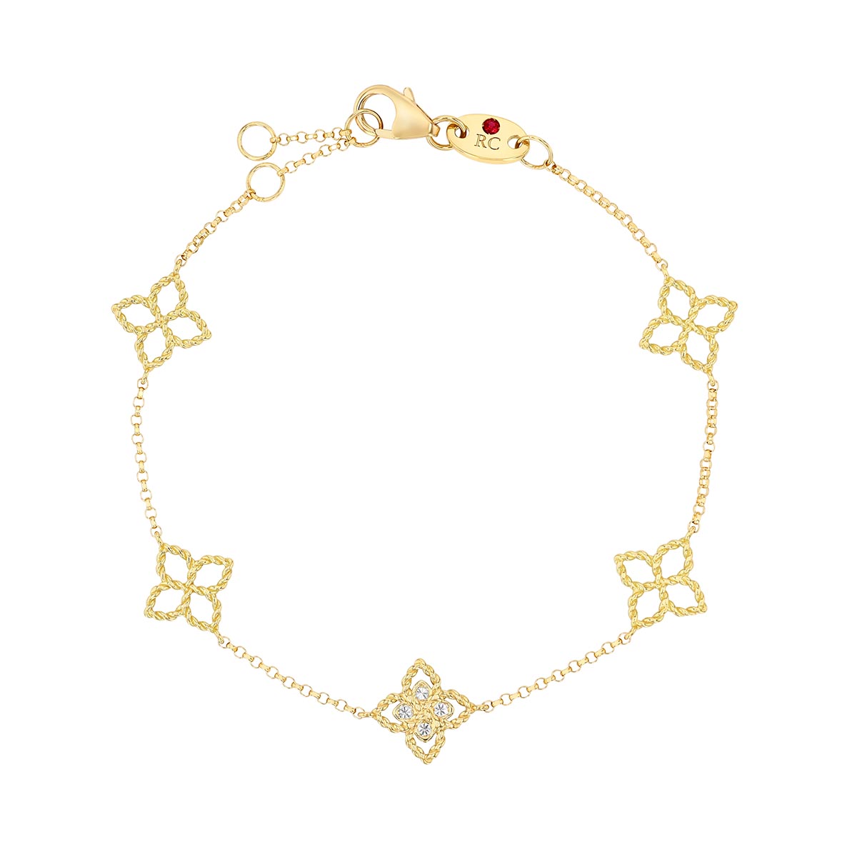 Roberto Coin Princess Flower Diamond Open Flower Station Bracelet in Yellow Gold, 7