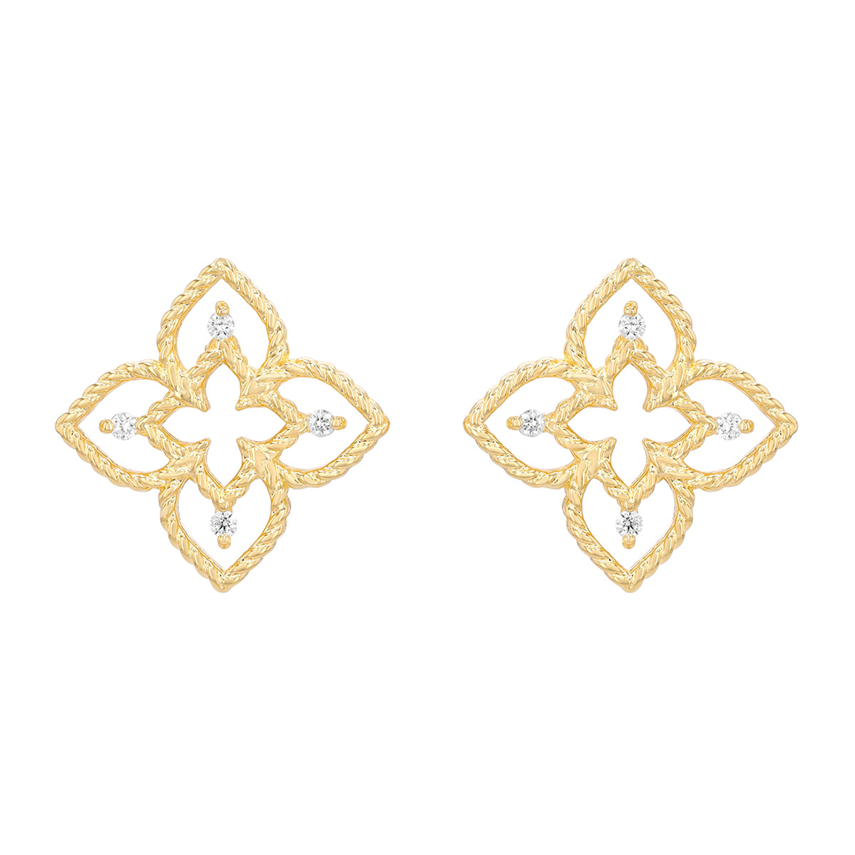 Roberto Coin Princess Flower Yellow Gold Open Flower Stud Earrings with Diamond Accents
