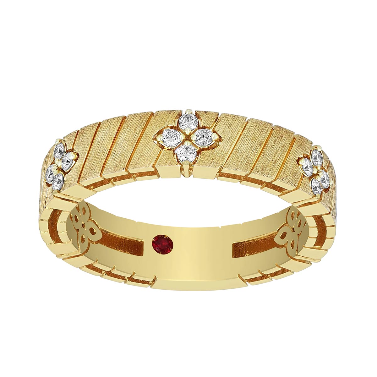 Roberto Coin Love in Verona Diamond Flower Station Ridged Ring in Satin Yellow Gold, Size 7