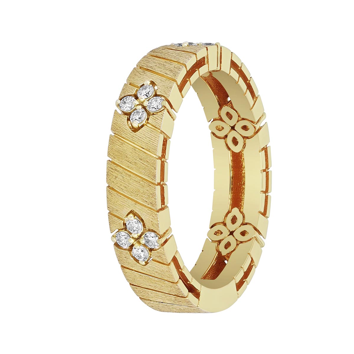 Roberto Coin Love in Verona Diamond Flower Station Ridged Ring in Satin Yellow Gold, Size 7
