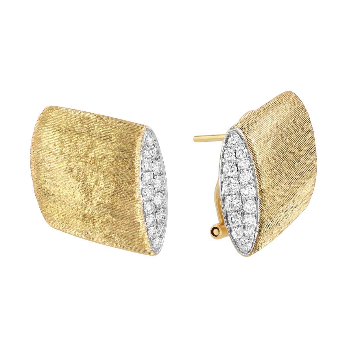 Diamond Pavé Puffed Square Earrings in Etched Yellow Gold