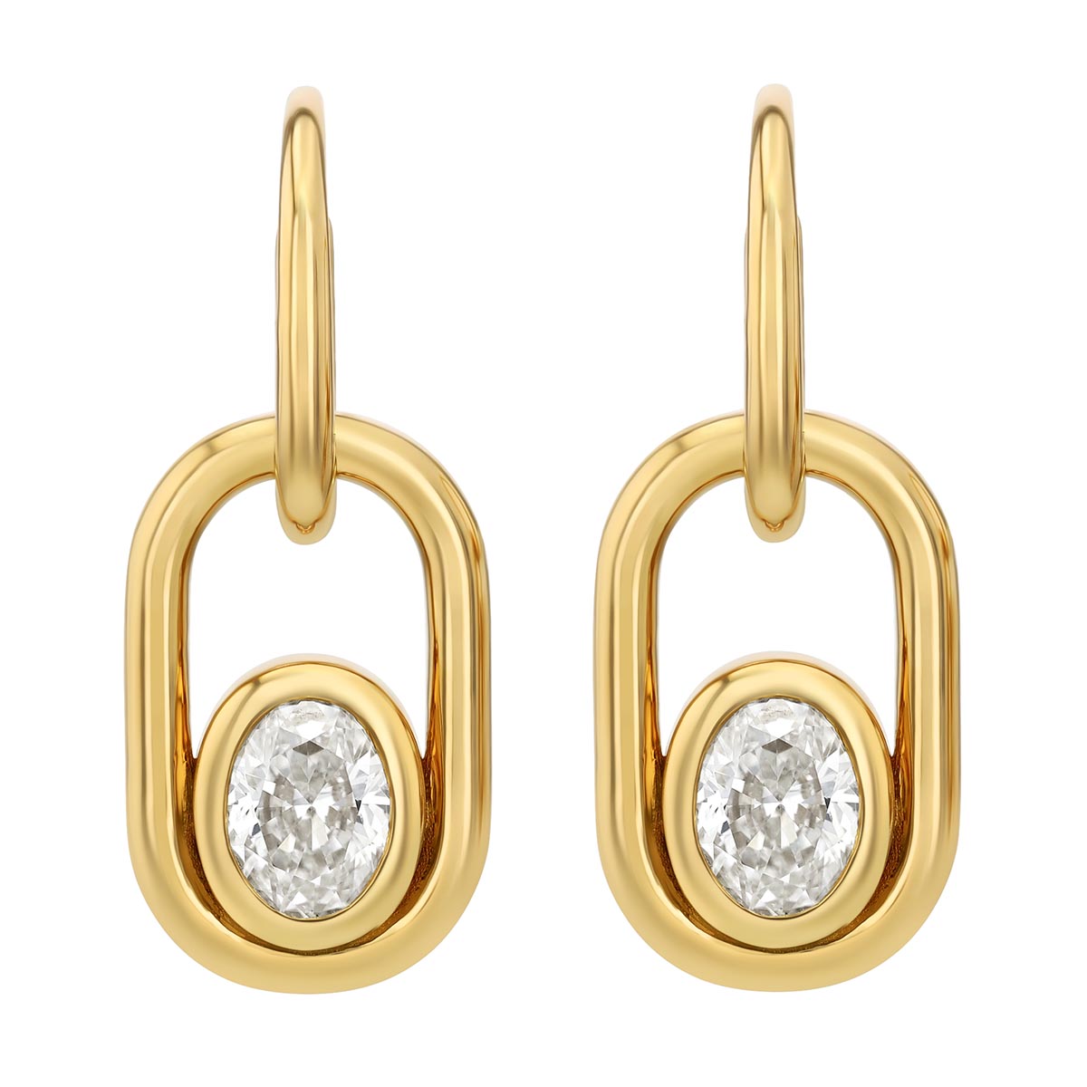 Bezel Set Oval & Link Drop Earrings in Yellow Gold