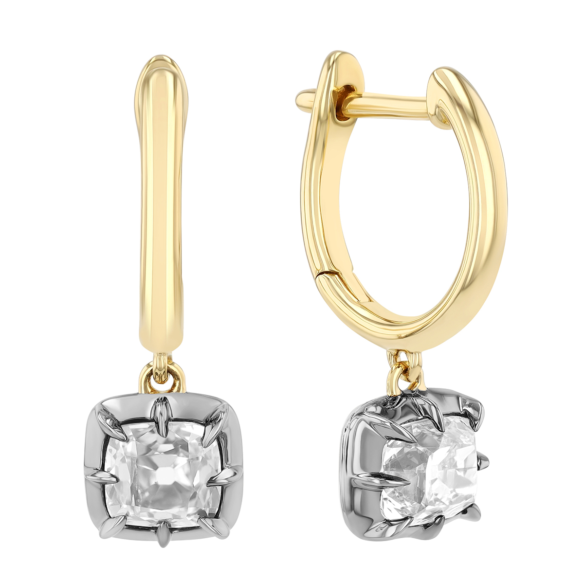 Cushion Cut Diamond Dangle Hoop Earrings in Yellow Gold & Black Rhodium