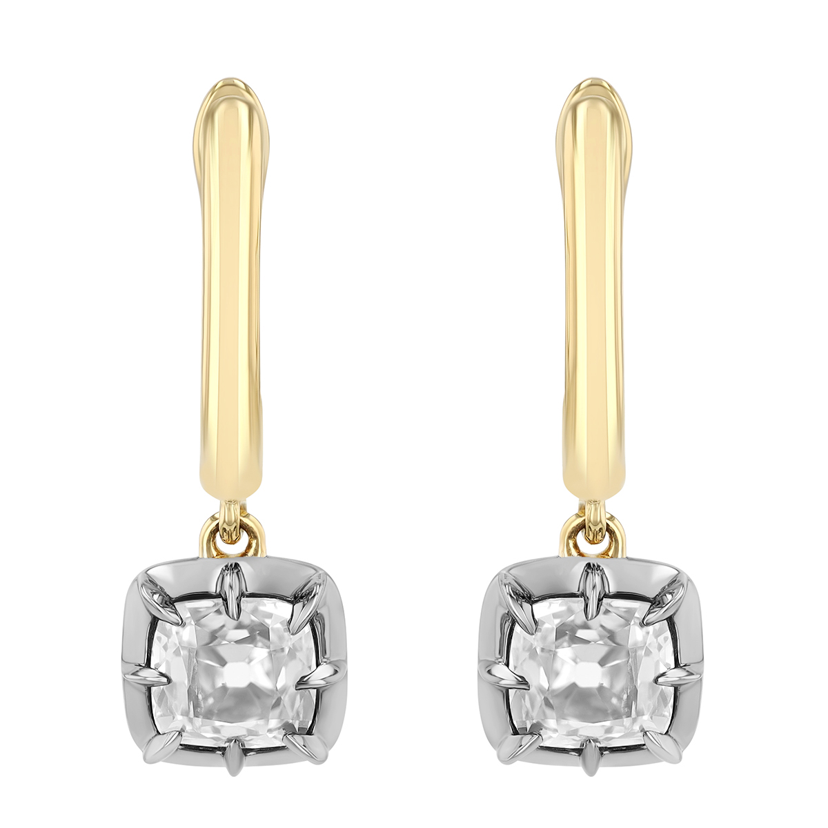 Cushion Cut Diamond Dangle Hoop Earrings in Yellow Gold & Black Rhodium