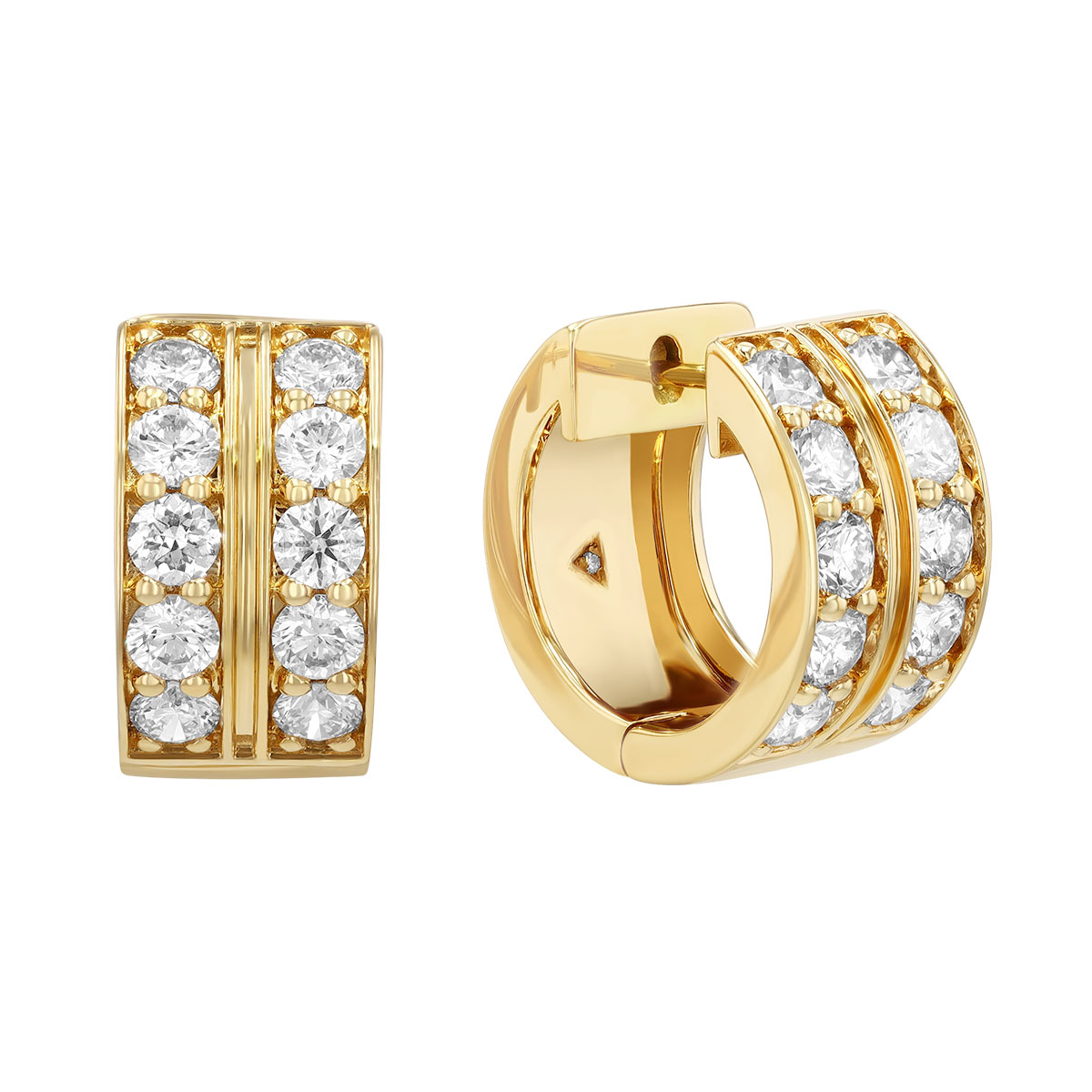 Round Diamond Two Row Hoop Earrings in Yellow Gold