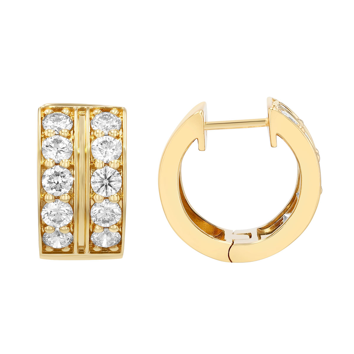 Round Diamond Two Row Hoop Earrings in Yellow Gold