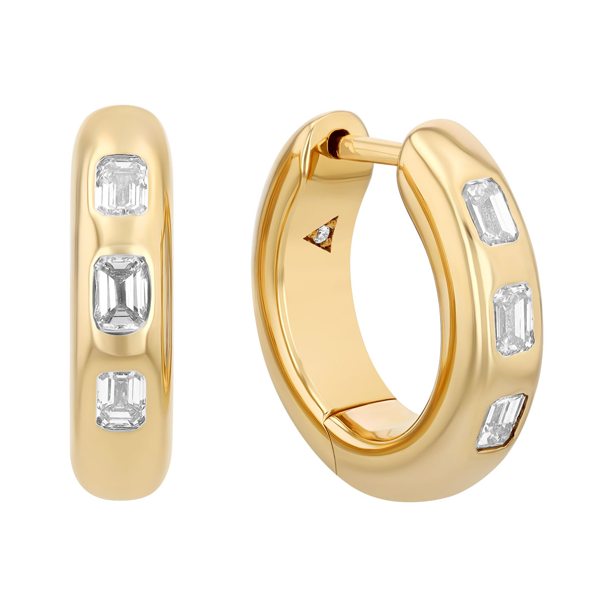 Bezel Set Emerald Cut Diamond Huggie Hoop Earrings in Yellow Gold