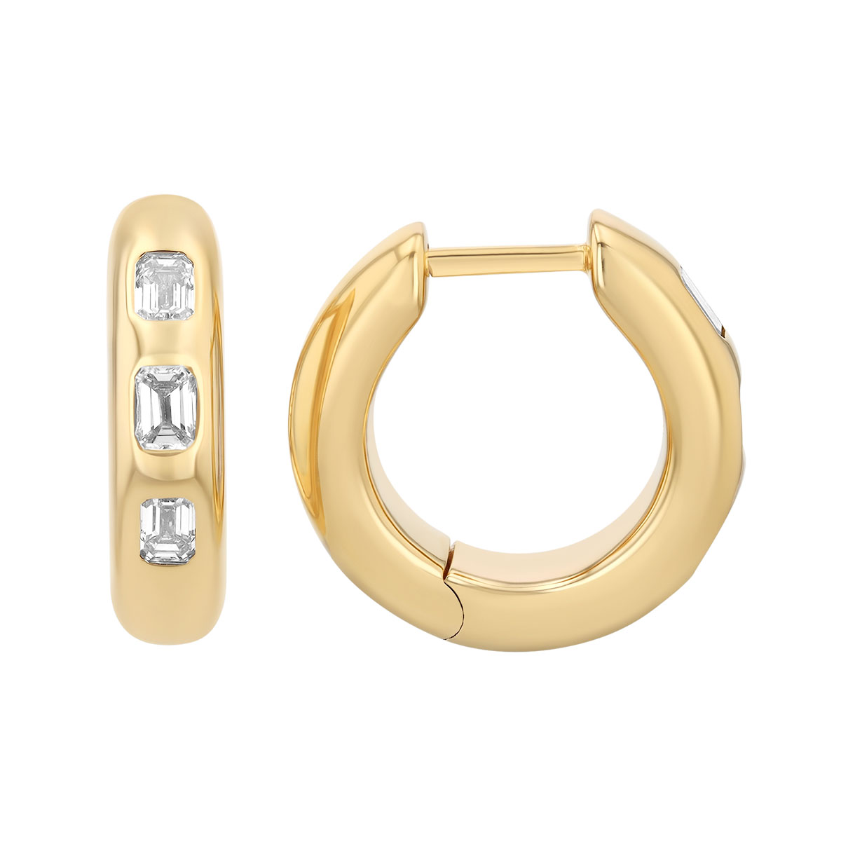 Bezel Set Emerald Cut Diamond Huggie Hoop Earrings in Yellow Gold