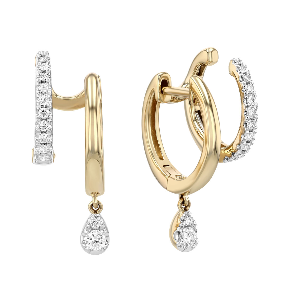 Diamond Dangle Double Hoop Climber Earrings in Yellow Gold