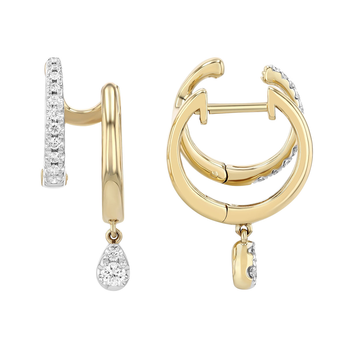 Diamond Dangle Double Hoop Climber Earrings in Yellow Gold