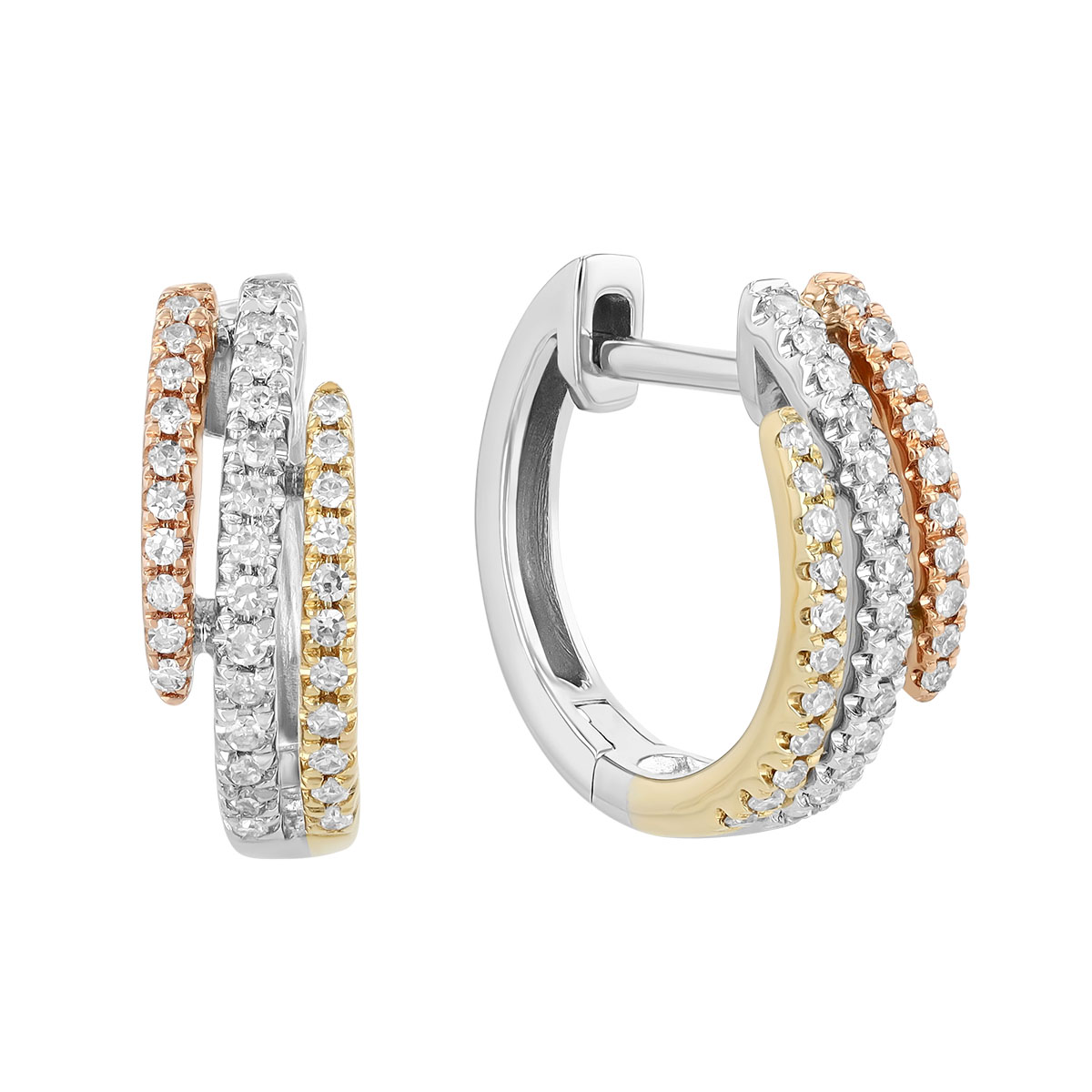 Diamond Triple Huggie Hoop Earrings in Tri Tone