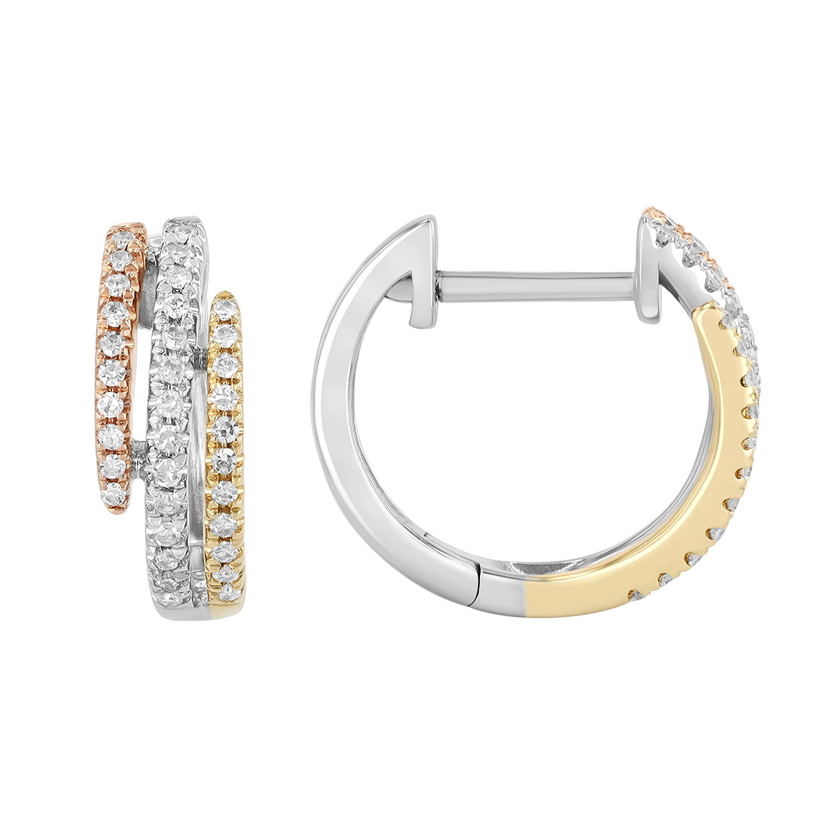 Diamond Triple Huggie Hoop Earrings in Tri Tone