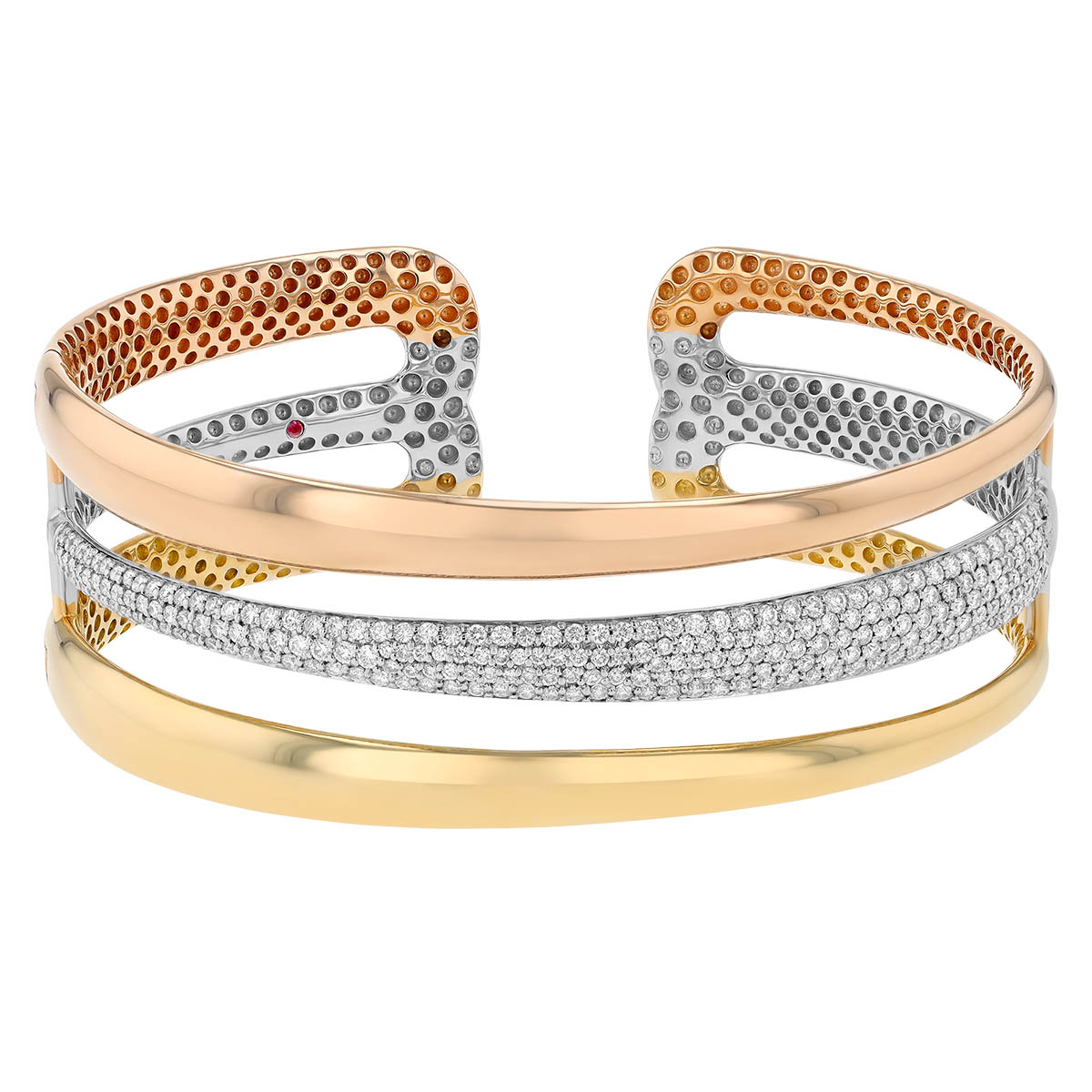 Roberto Coin Diamond Pave Three Row Cuff Bracelet in Tri Tone