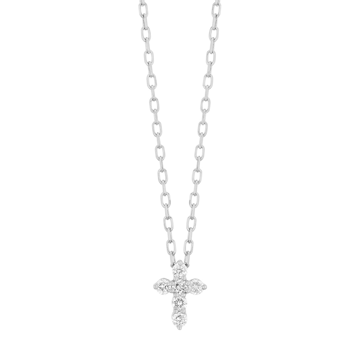 Round Diamond 6 Stone Dainty Cross Pendant in White Gold, 18
