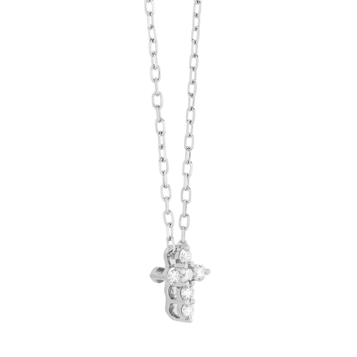 Round Diamond 6 Stone Dainty Cross Pendant in White Gold, 18