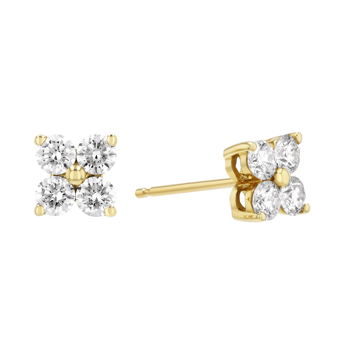 Round Diamond Quartet Cluster Stud Earrings in Yellow Gold