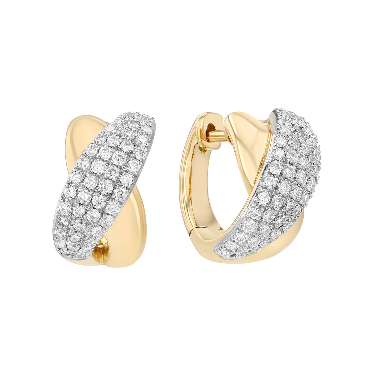 Diamond Pavé Crossover Huggie Hoop Earrings in Yellow Gold