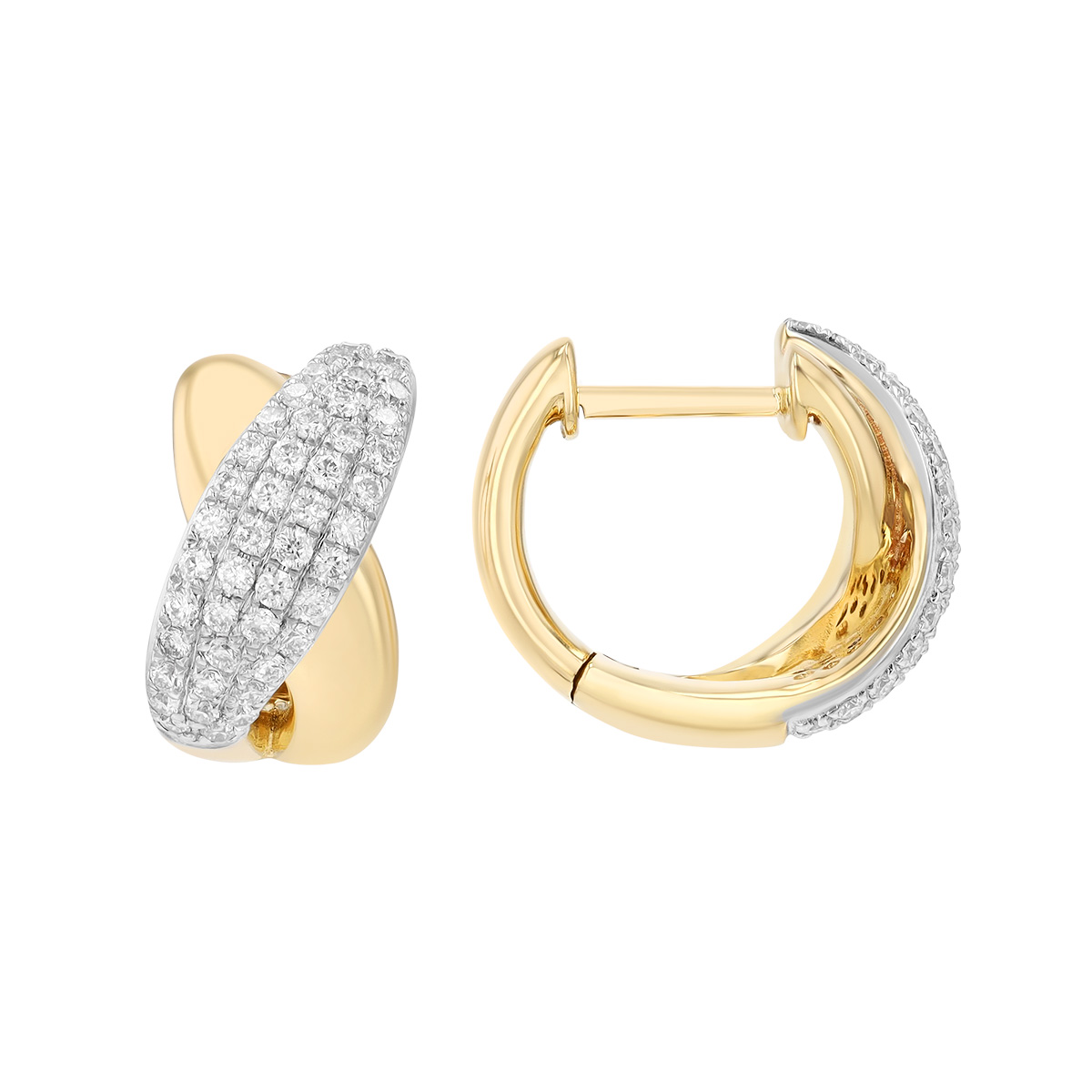 Diamond Pavé Crossover Huggie Hoop Earrings in Yellow Gold
