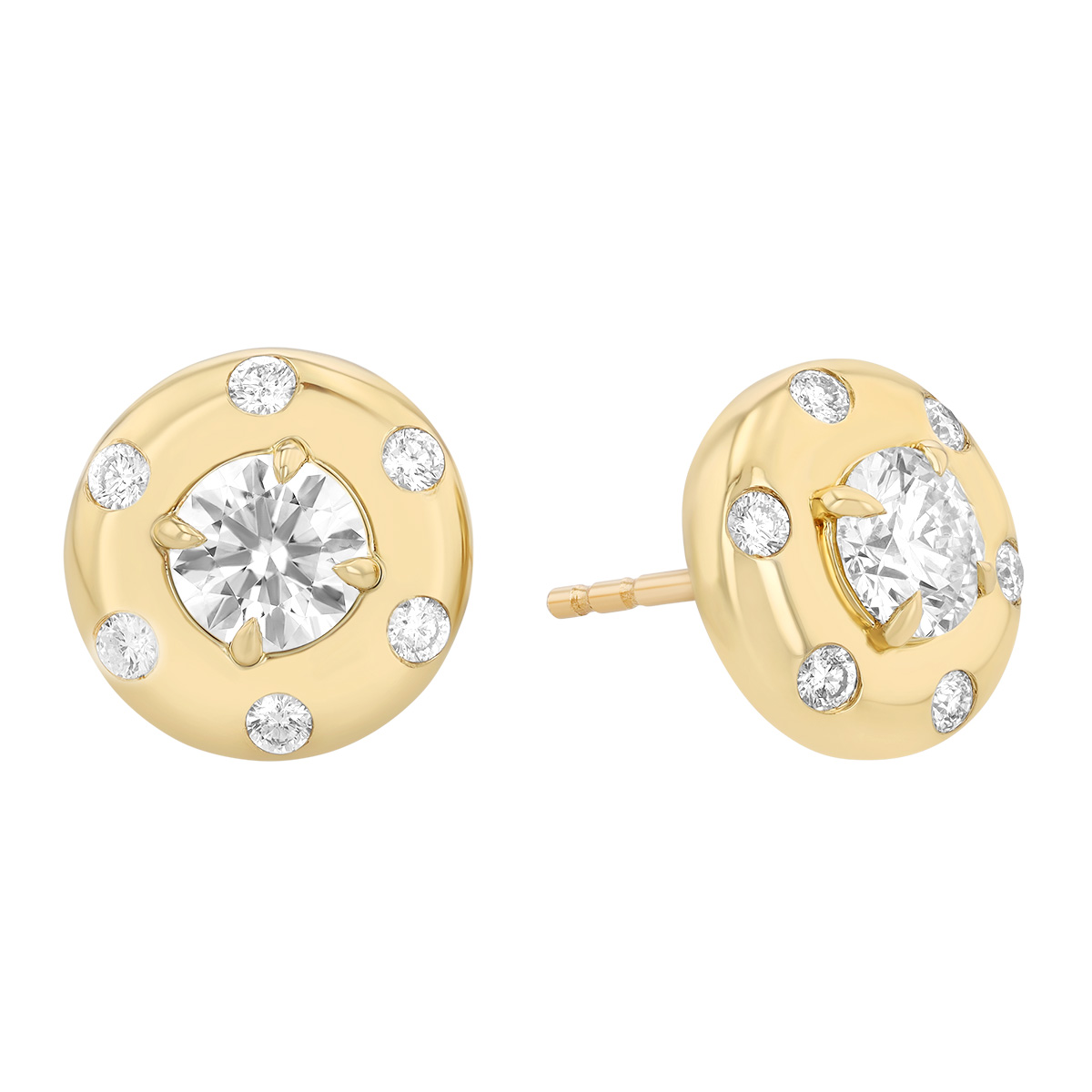 Round Diamond Cluster Button Stud Earrings in Yellow Gold
