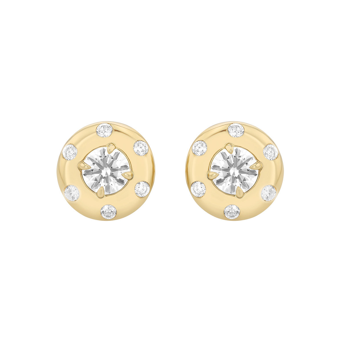 Round Diamond Cluster Button Stud Earrings in Yellow Gold
