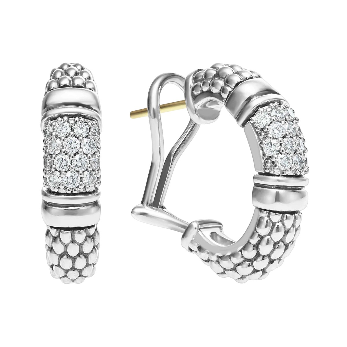 LAGOS Signature Caviar Silver Caviar Diamond Hoop Earrings, 22 x 6 mm