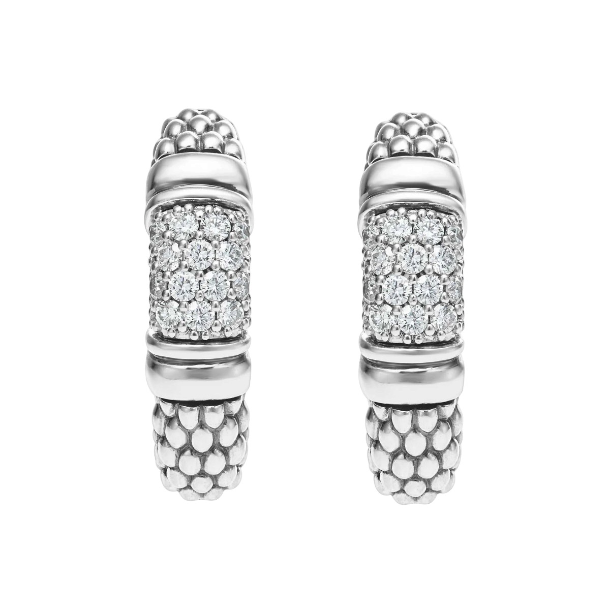 LAGOS Signature Caviar Silver Caviar Diamond Hoop Earrings, 22 x 6 mm
