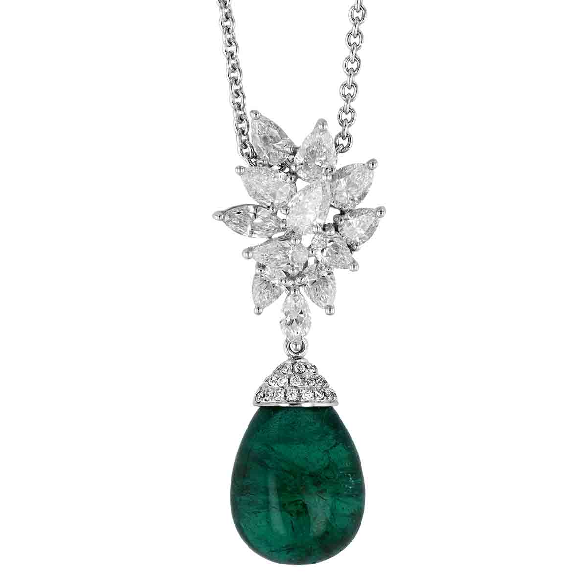 Pear Shaped Emerald Cabochon & Diamond Pendant in White Gold & Platinum by TARA