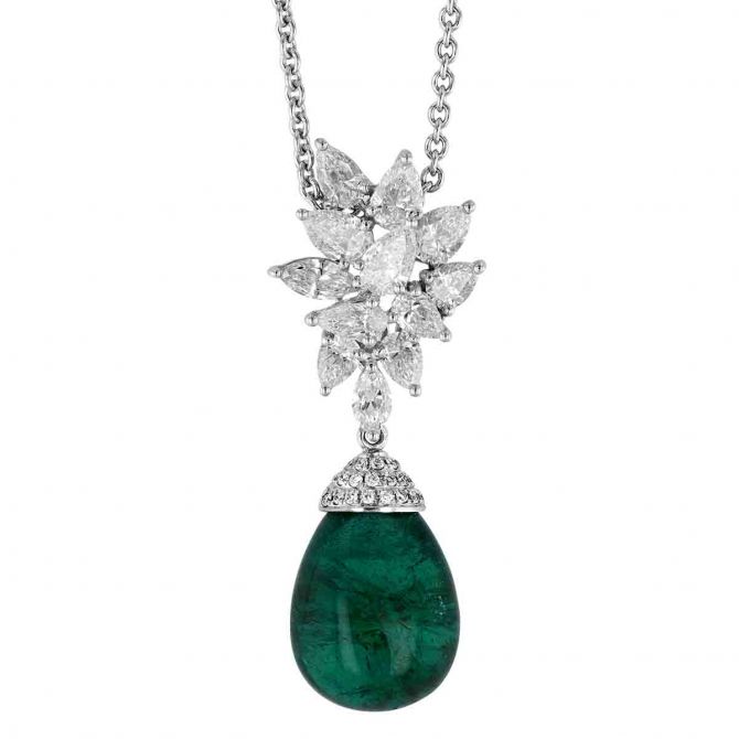 Pear Shaped Emerald Cabochon & Diamond Pendant in White Gold & Platinum by TARA