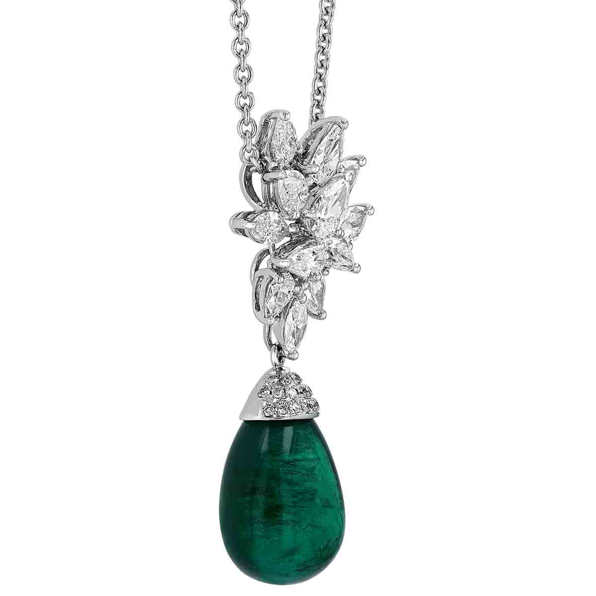 Pear Shaped Emerald Cabochon & Diamond Pendant in White Gold & Platinum by TARA