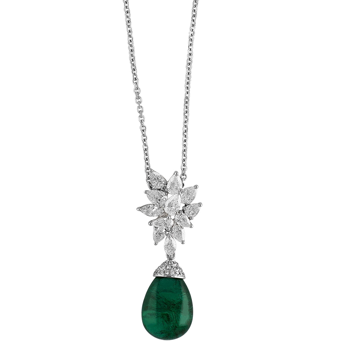 Pear Shaped Emerald Cabochon & Diamond Pendant in White Gold & Platinum by TARA