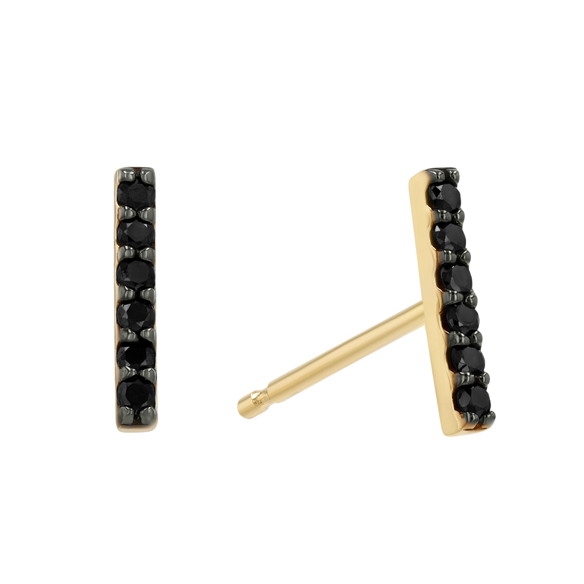 Dainty Black Diamond Column Stud Earrings in Yellow Gold & Black Rhodium