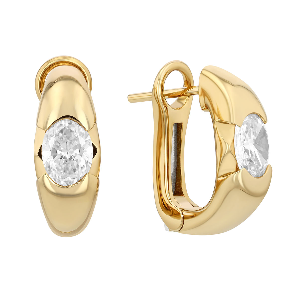 Split Bezel Set Oval Diamond Hoop Earrings in Yellow Gold, 0.97 cttw