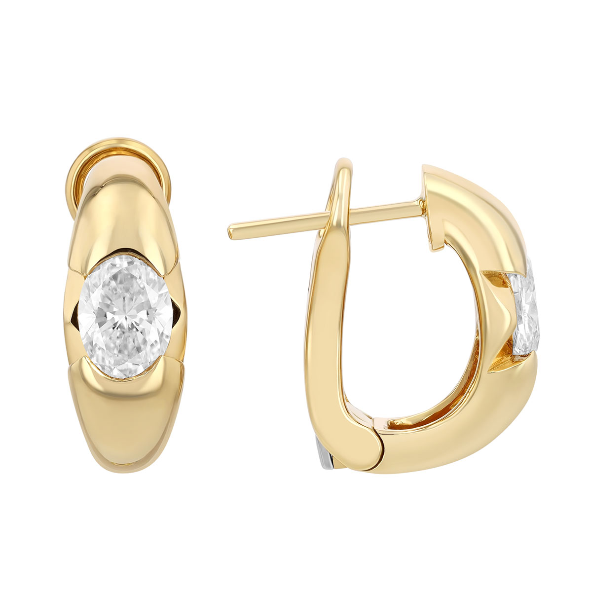 Split Bezel Set Oval Diamond Hoop Earrings in Yellow Gold, 0.97 cttw