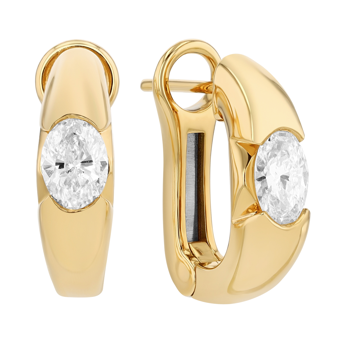 Split Bezel Set Oval Diamond Hoop Earrings in Yellow Gold, 0.80 cttw