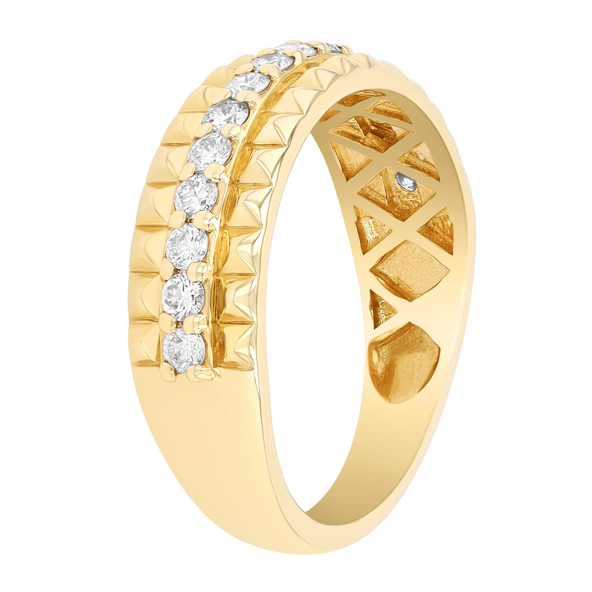 Diamond Line & Yellow Gold Pyramid Pattern Ring