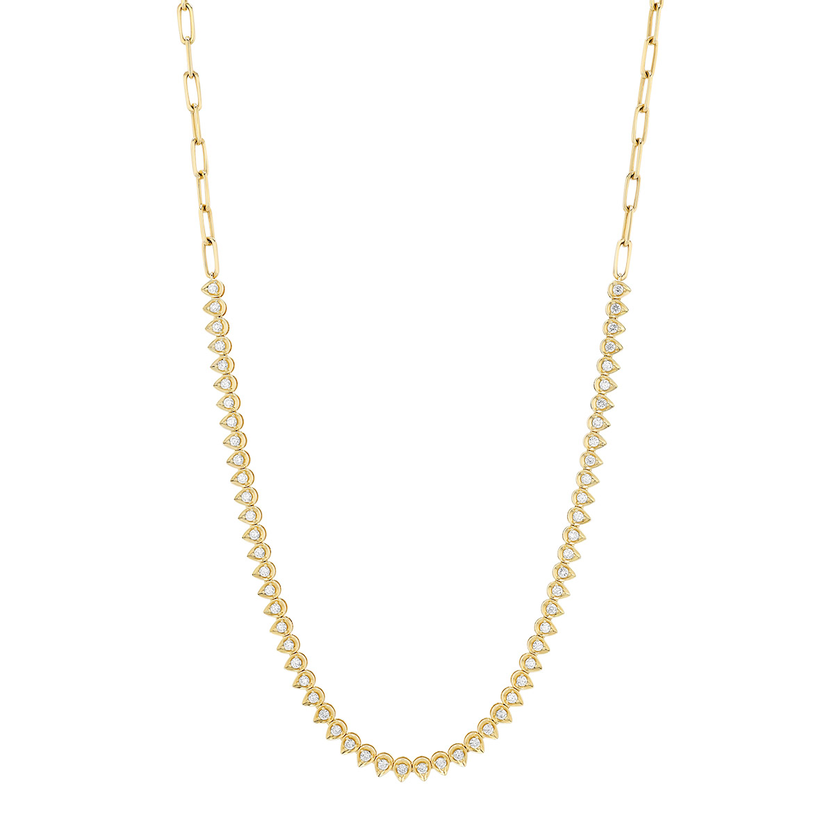 Round Diamond Pear Shape Design & Paperclip Chain Necklace in Yellow Gold, 17