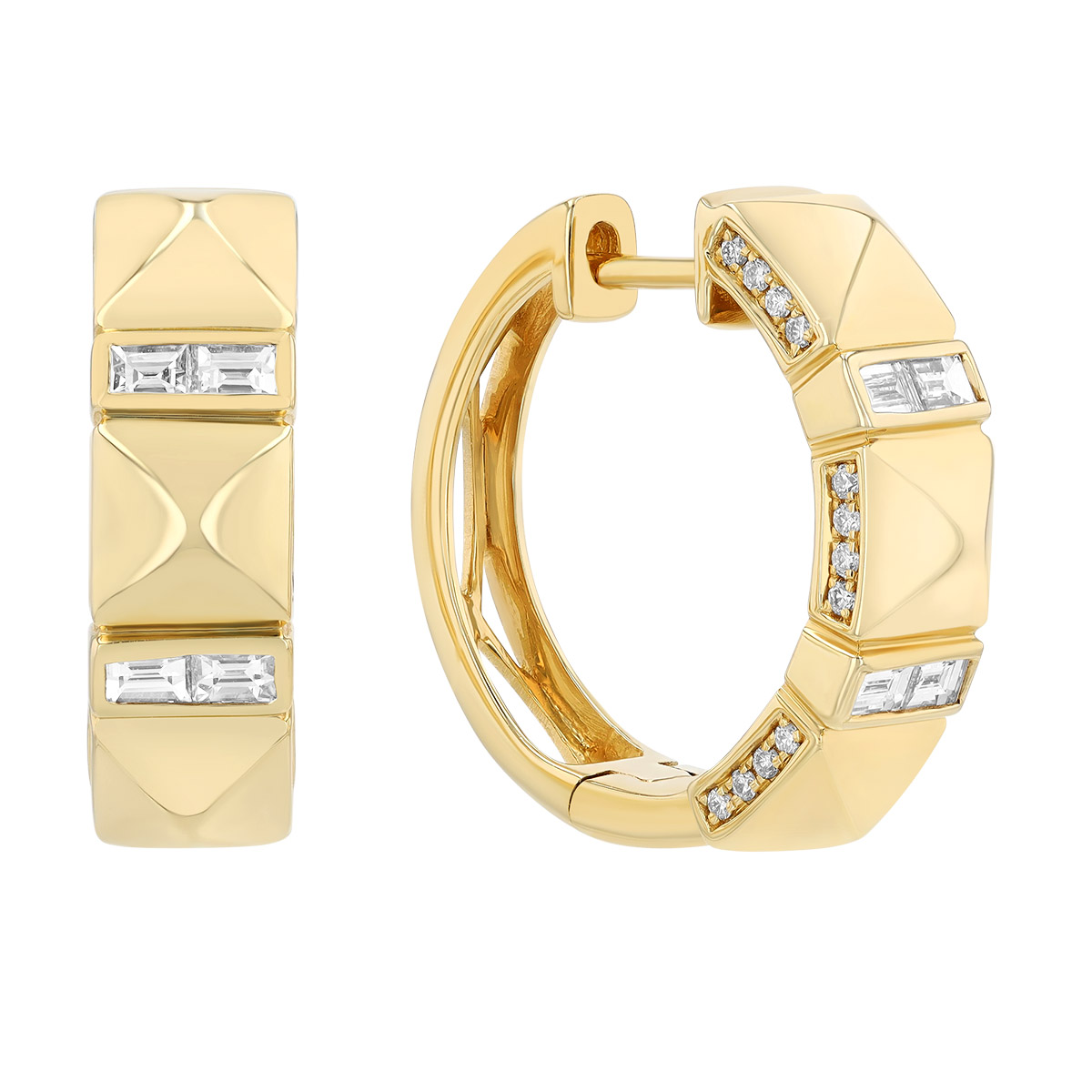 Channel Set Baguette Diamond & Pyramid Pattern Hoop Earrings in Yellow Gold