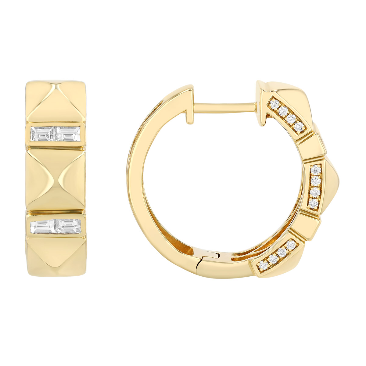 Channel Set Baguette Diamond & Pyramid Pattern Hoop Earrings in Yellow Gold