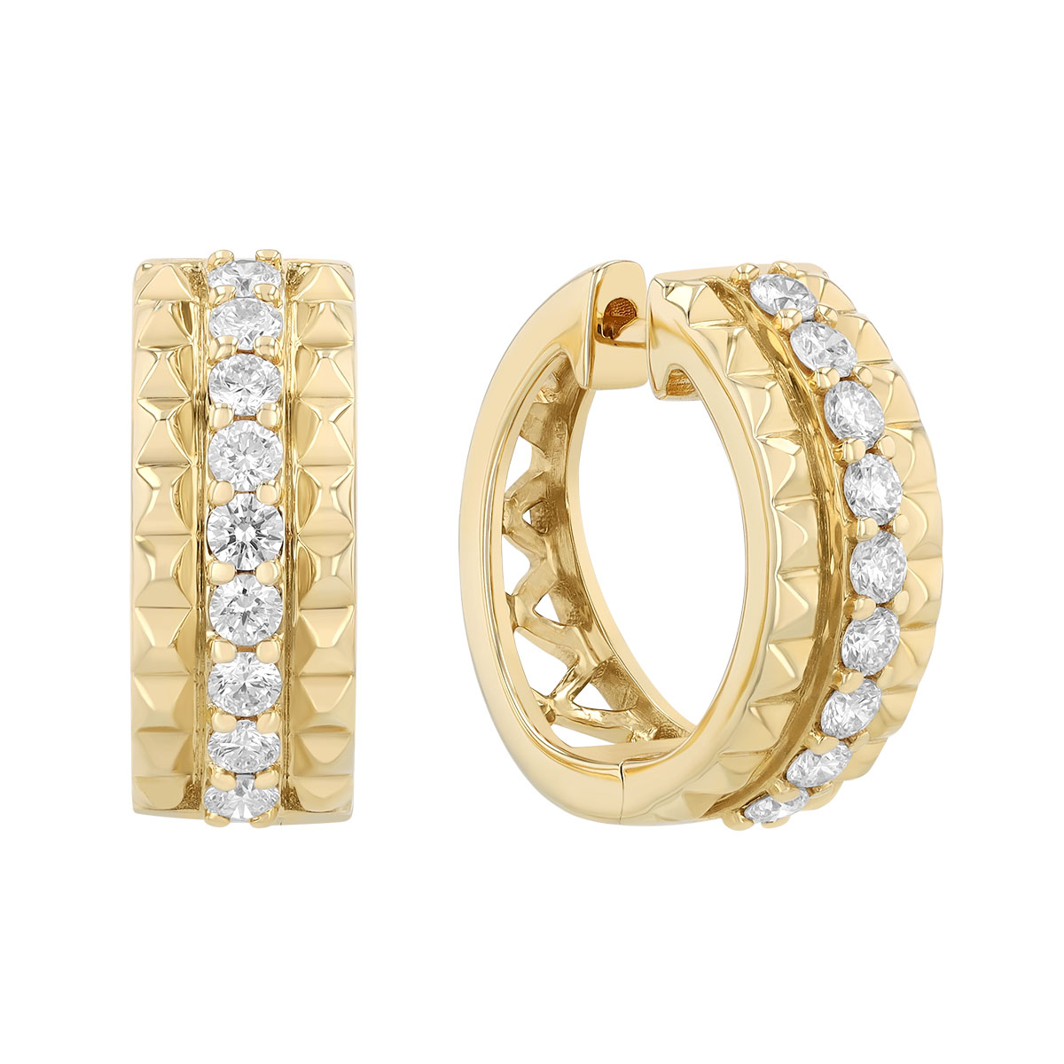 Diamond Line & Yellow Gold Pyramid Pattern Hoop Earrings