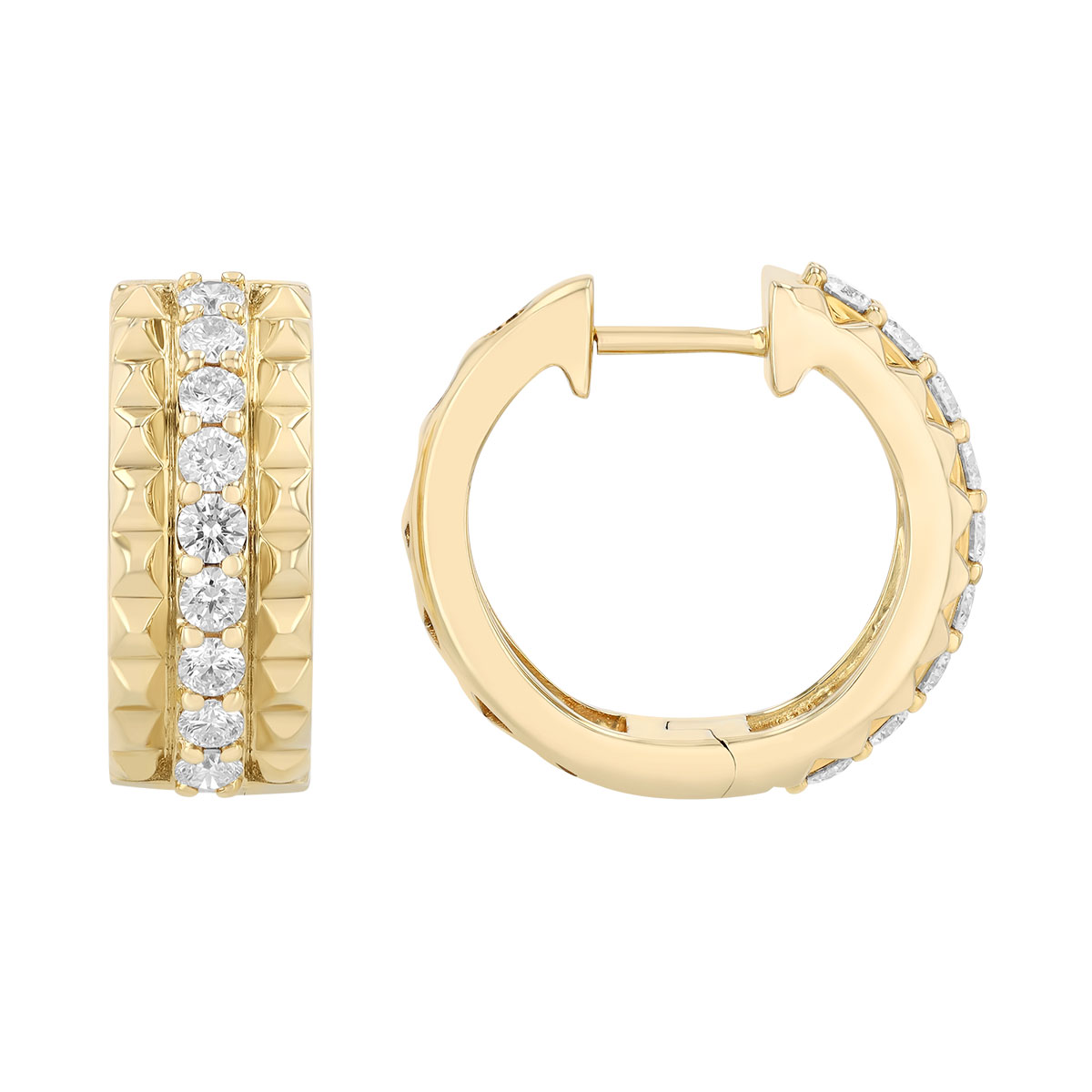 Diamond Line & Yellow Gold Pyramid Pattern Hoop Earrings
