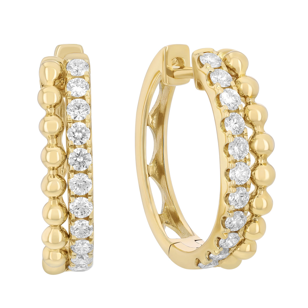 Diamond & Beaded Layer Hoop Earrings in Yellow Gold