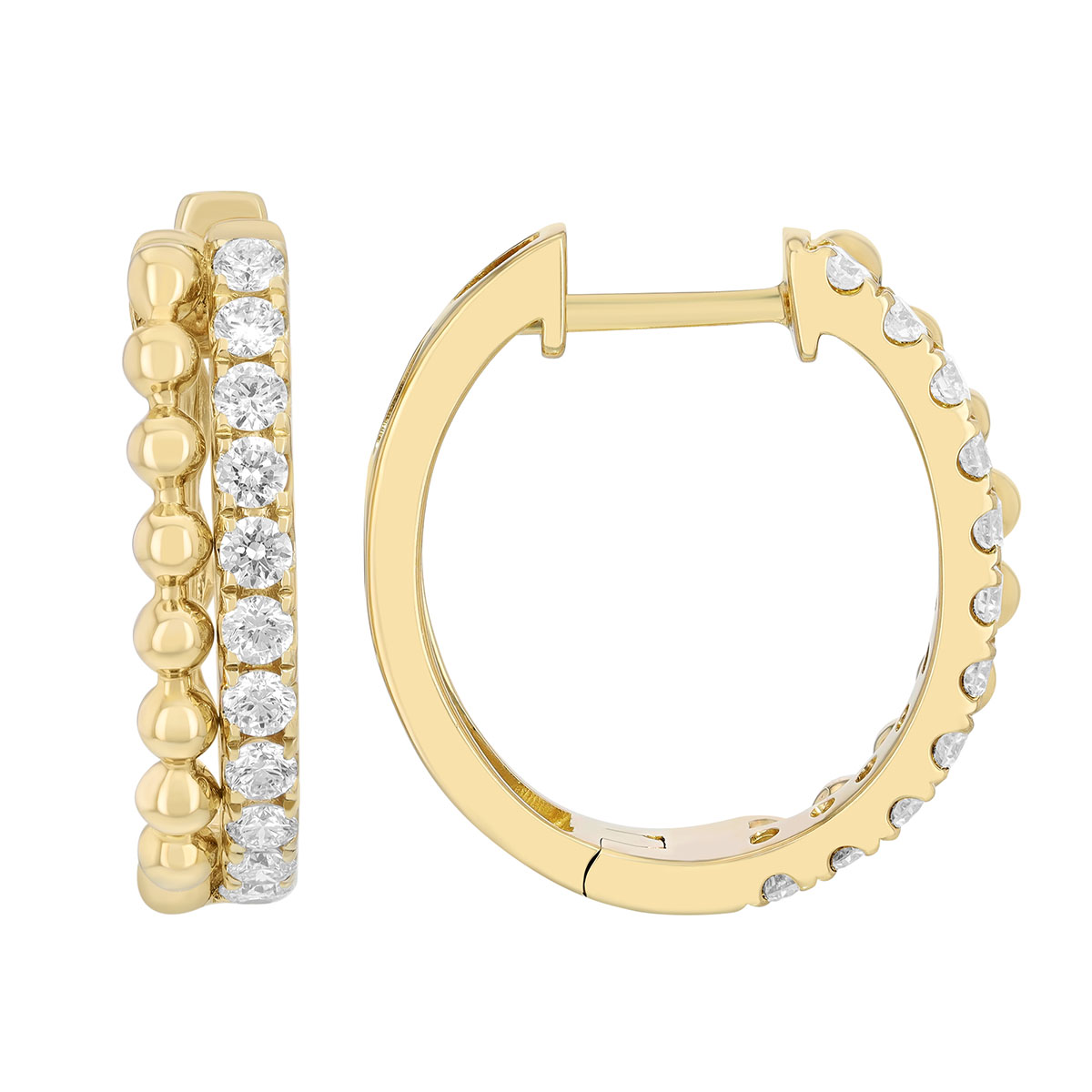Diamond & Beaded Layer Hoop Earrings in Yellow Gold