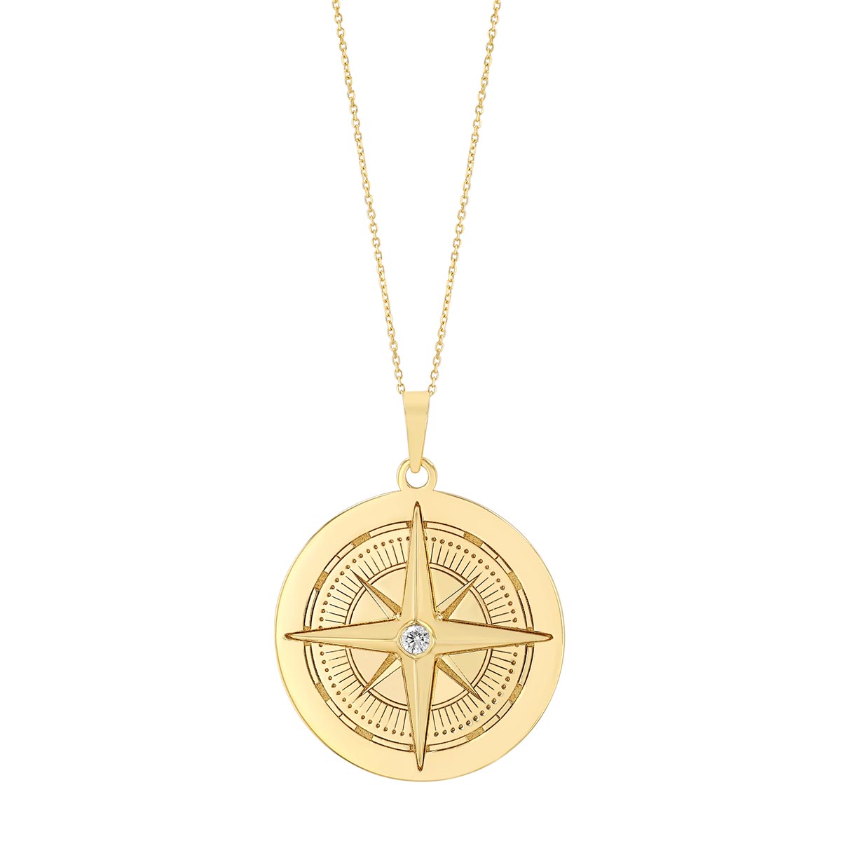 Diamond Compass Engraved Disc Pendant in 14K Yellow Gold