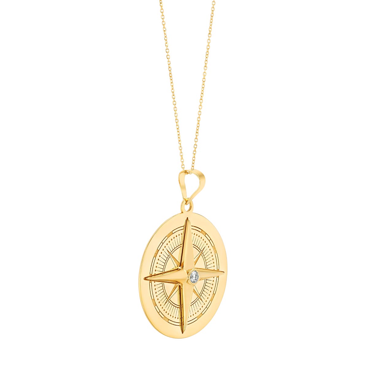 Diamond Compass Engraved Disc Pendant in 14K Yellow Gold