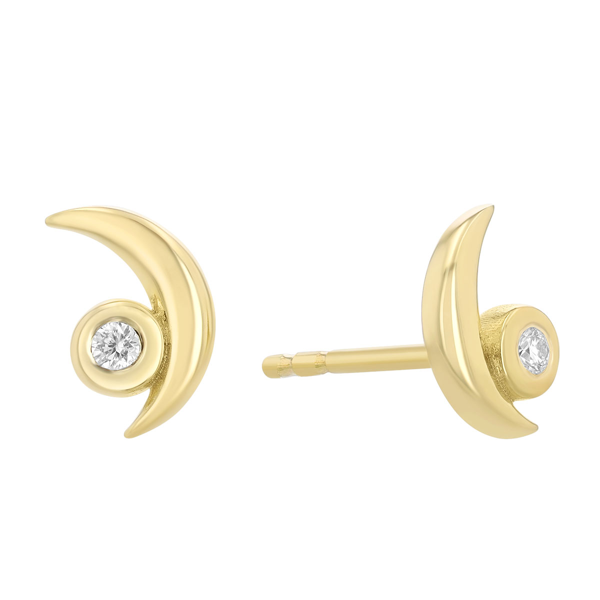 Dainty Bezel Set Diamond & Crescent Moon Stud Earrings in Yellow Gold