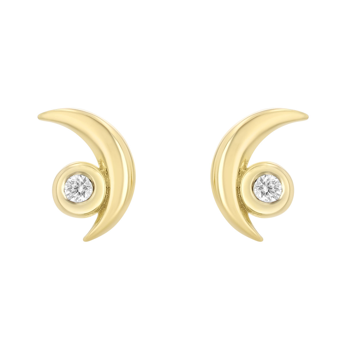 Dainty Bezel Set Diamond & Crescent Moon Stud Earrings in Yellow Gold